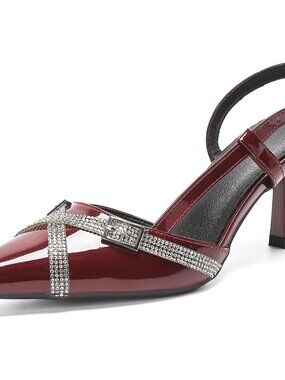 Women's Wine Slingback Kitten Heels Rhinestone Pumps Buckle Strap Sandals Shoes